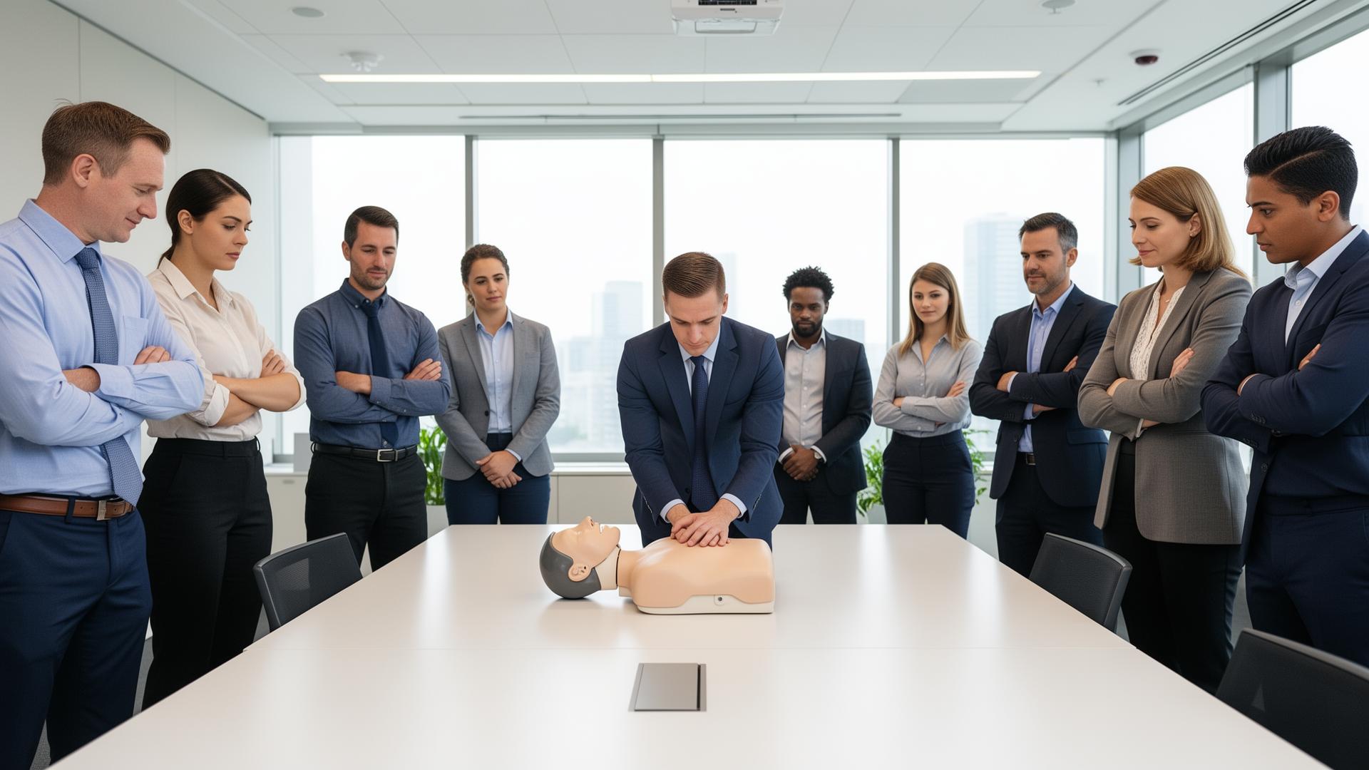 Hands-on CPR training with a workplace team